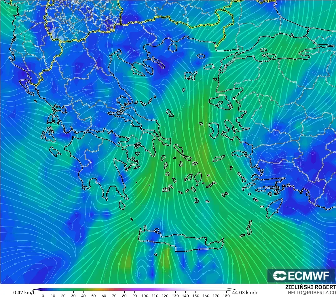 ECMWF IFS 0,25° modelo - Grécia, Vento a 10 m