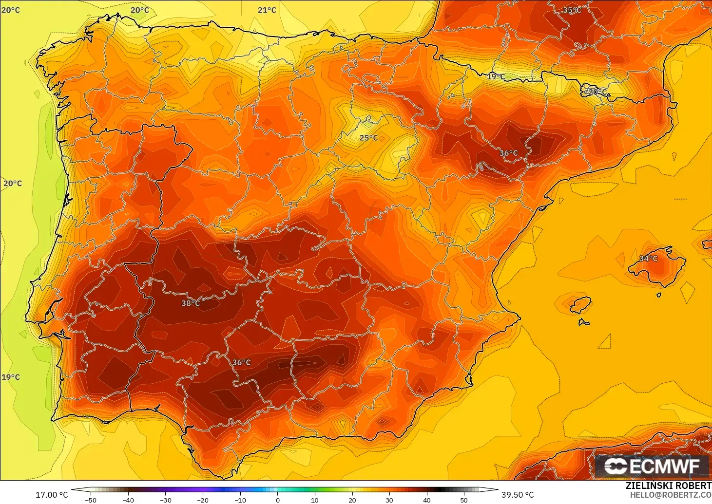 ECMWF IFS 0,25° modelo - Espanha, Temperatura a 2 m