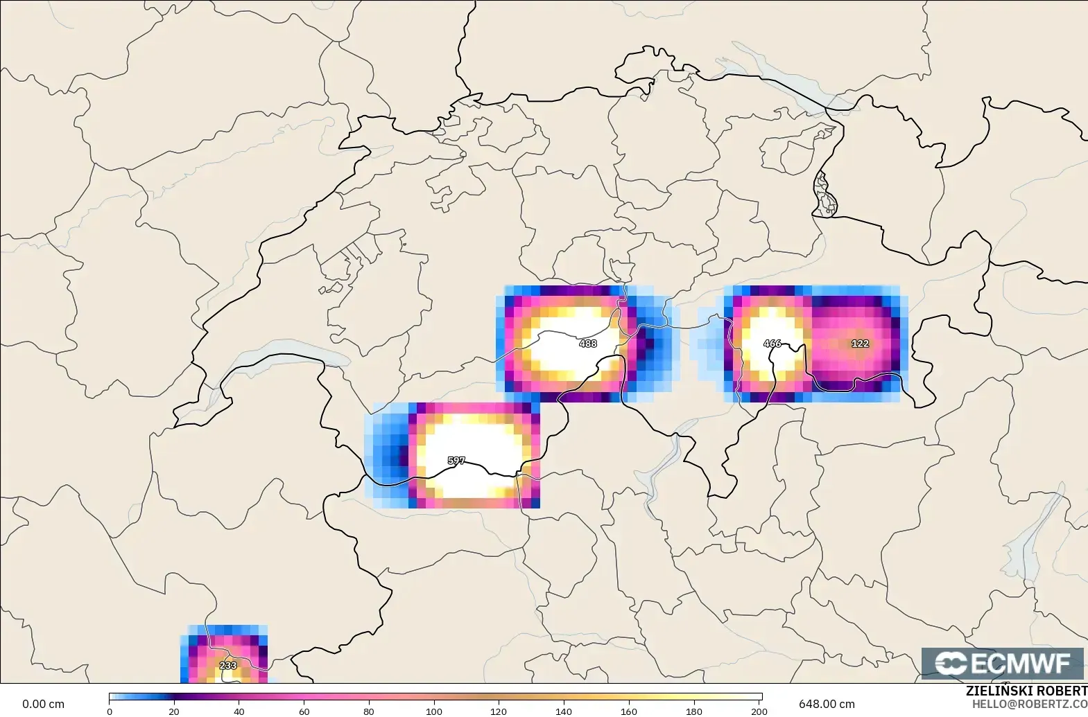 ECMWF IFS 0,25° modelo - Suíça, Profundidade da neve