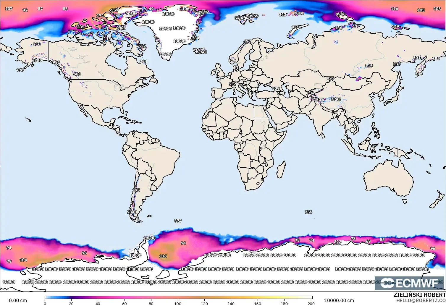 ECMWF IFS 0,25° modelo - Mundo, Profundidade da neve