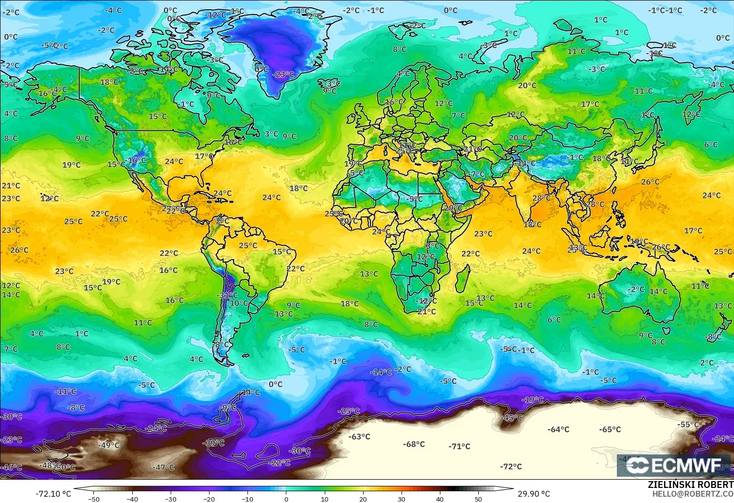 ECMWF IFS 0,25° modelo - Mundo, Ponto de orvalho a 2 m