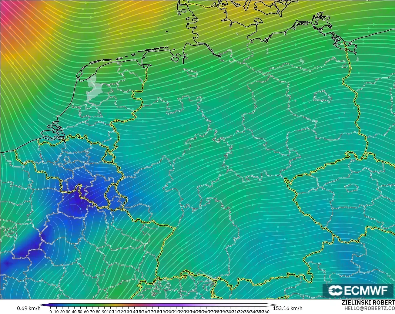 ECMWF IFS 0,25° modelo - Alemanha, Vento a 300 hPa (corrente em jato)