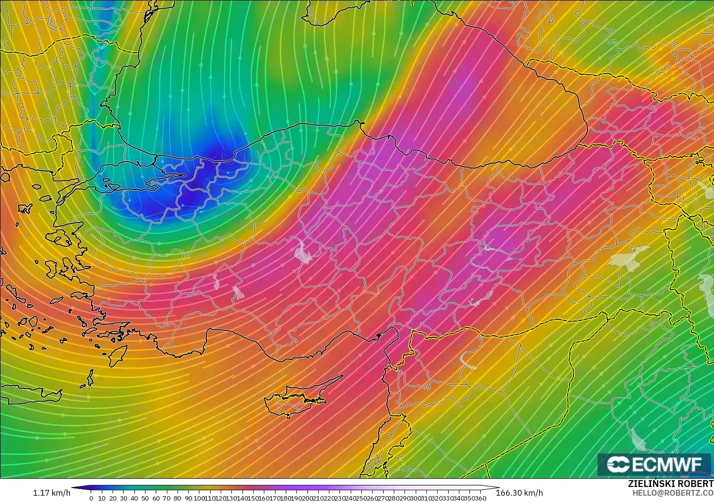 ECMWF IFS 0,25° modelo - Turquia, Vento a 300 hPa (corrente em jato)