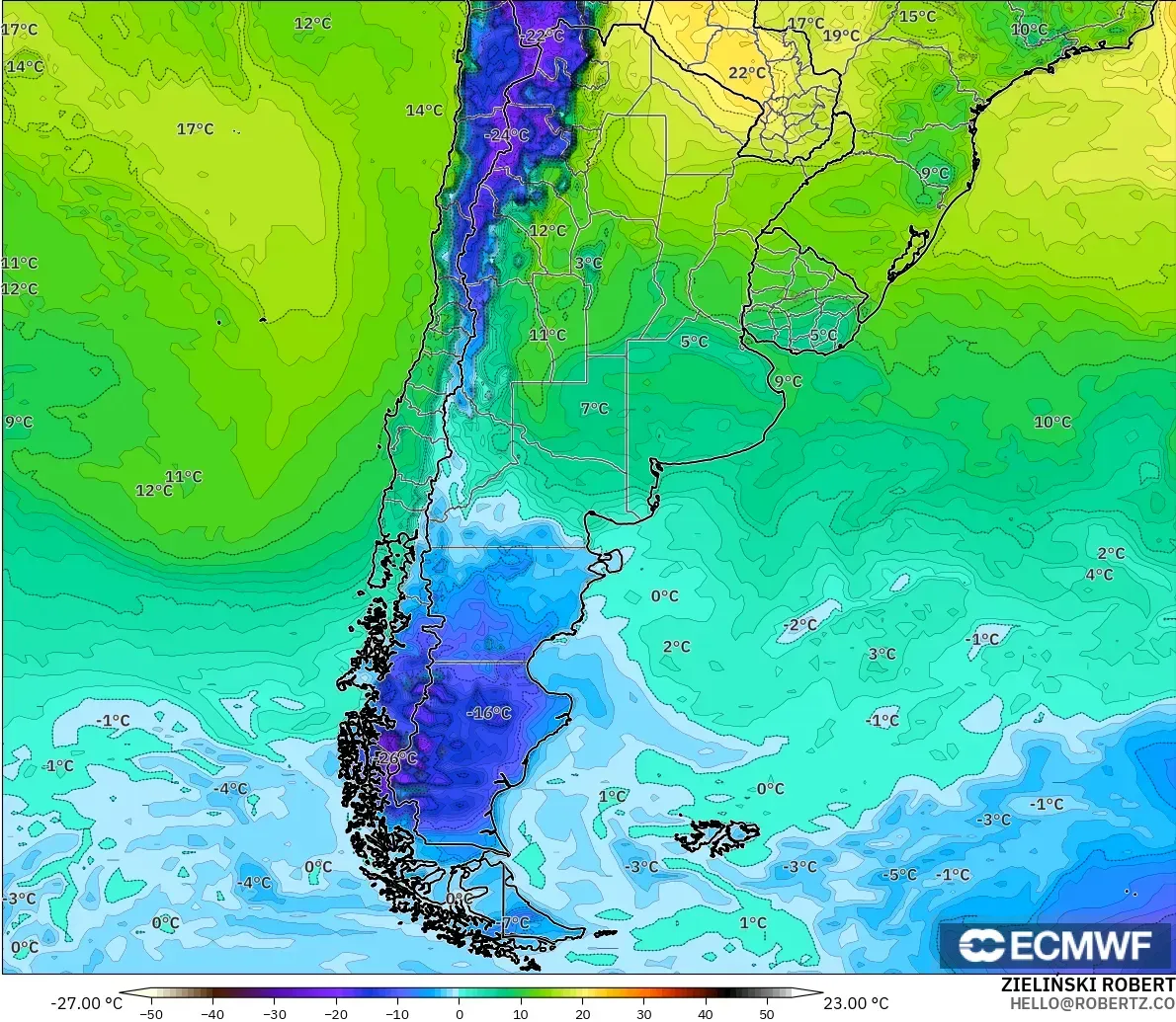 ECMWF IFS 0,25° modelo - Argentina, Ponto de orvalho a 2 m