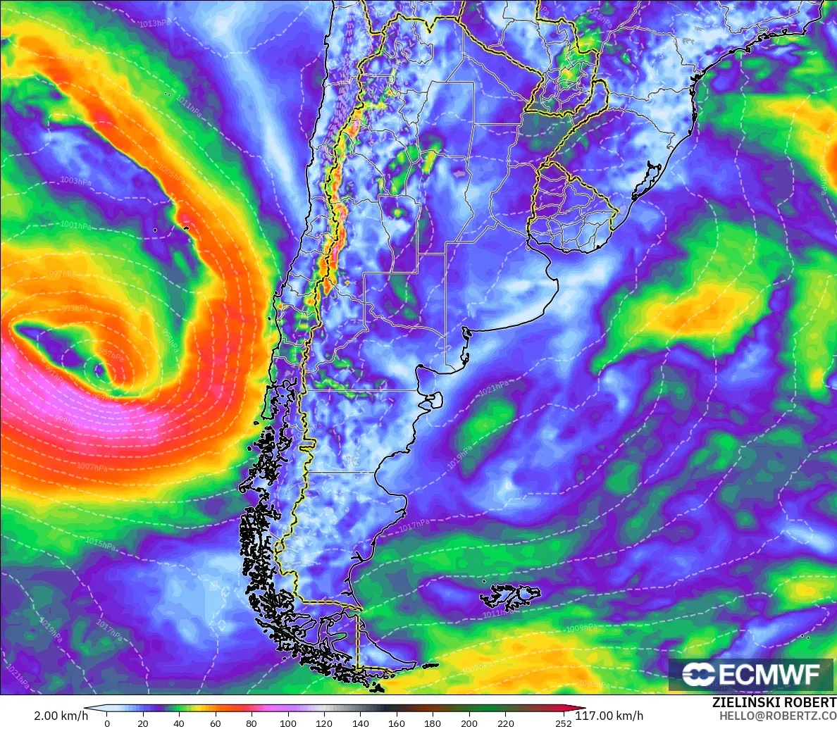 ECMWF IFS 0,25° modelo - Argentina, Rajadas de Vento Máximas