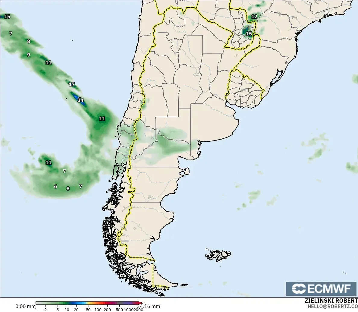 ECMWF IFS 0,25° modelo - Argentina, Acúmulo de precipitação