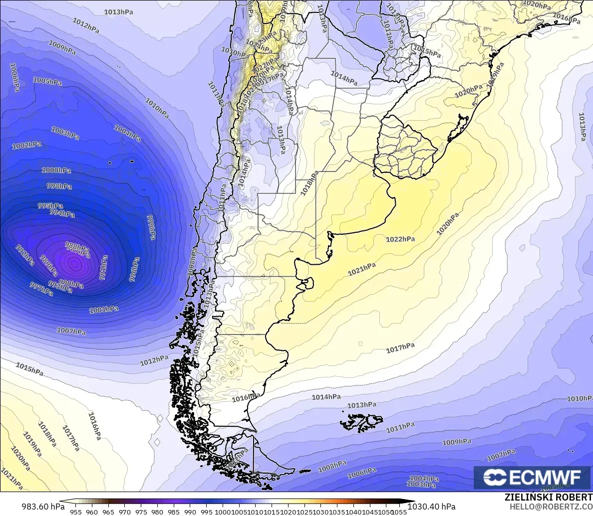 ECMWF IFS 0,25° modelo - Argentina, Pressão
