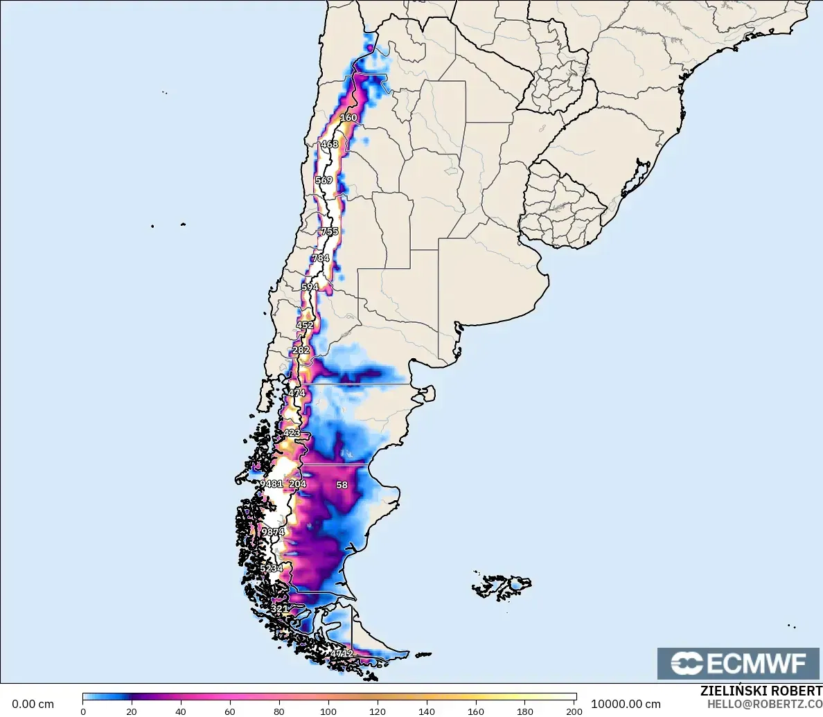 ECMWF IFS 0,25° modelo - Argentina, Profundidade da neve