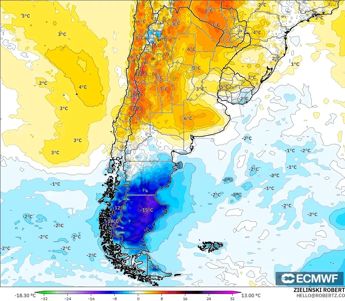 ECMWF IFS 0,25° modelo - Argentina, Anomalia de temperatura a 2 m