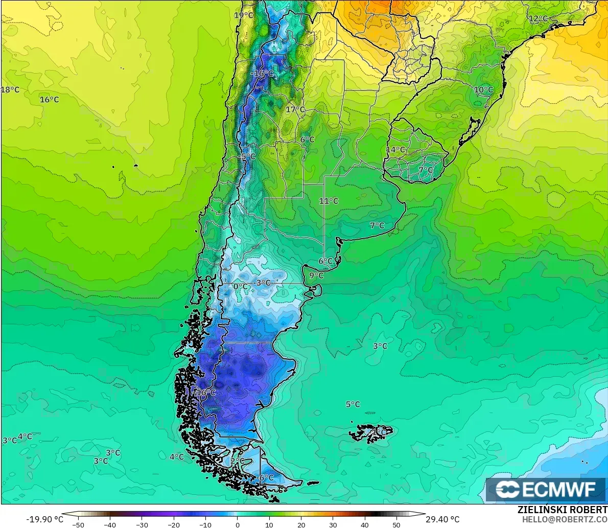 ECMWF IFS 0,25° modelo - Argentina, Temperatura a 2 m