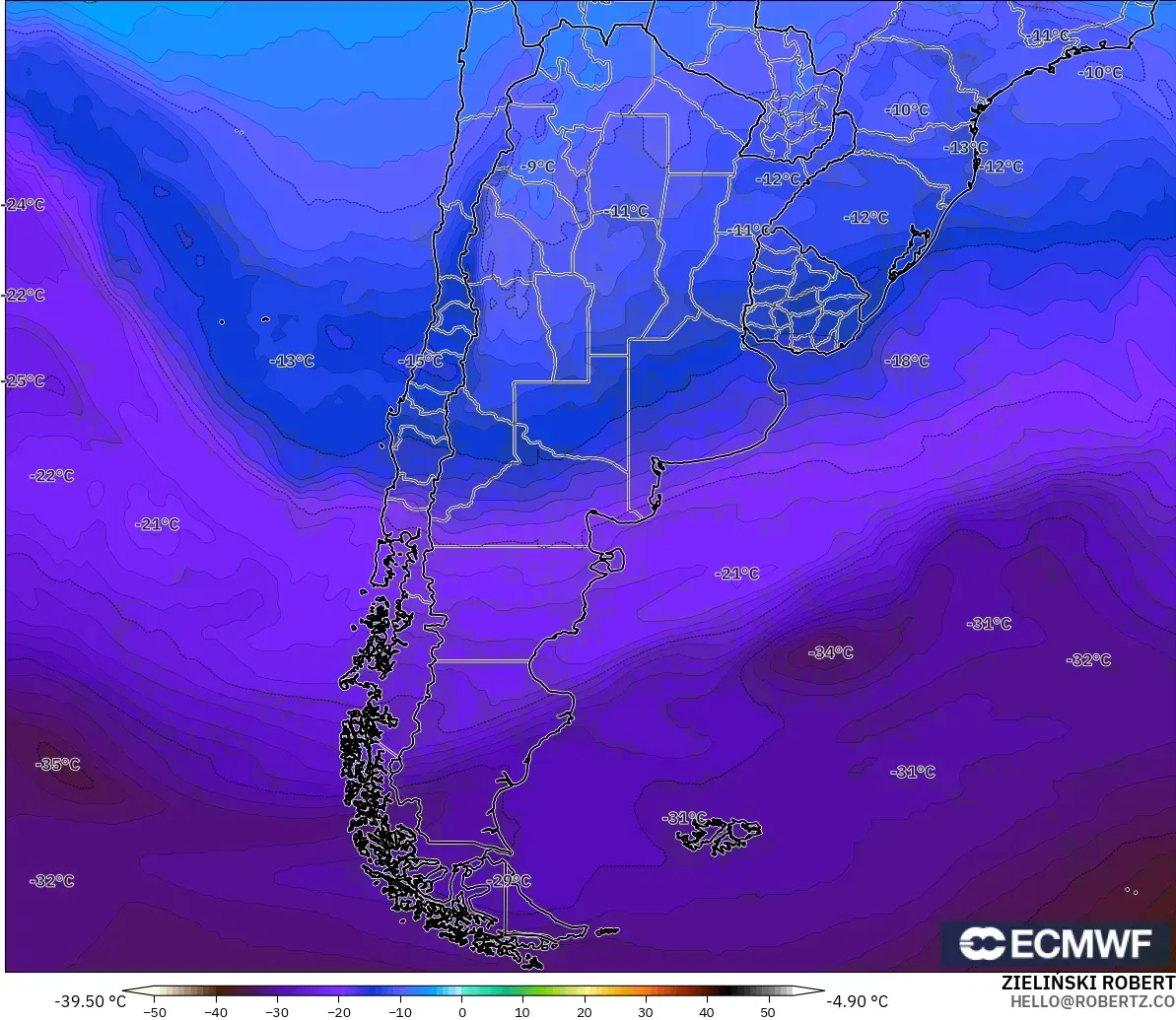 ECMWF IFS 0,25° modelo - Argentina, Temperatura a 500 hPa
