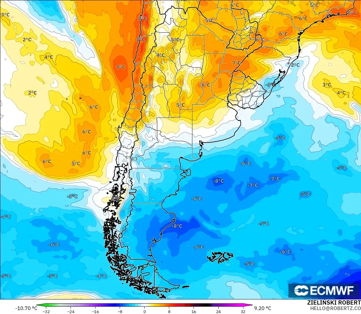 ECMWF IFS 0,25° modelo - Argentina, Anomalia de temperatura a 850 hPa