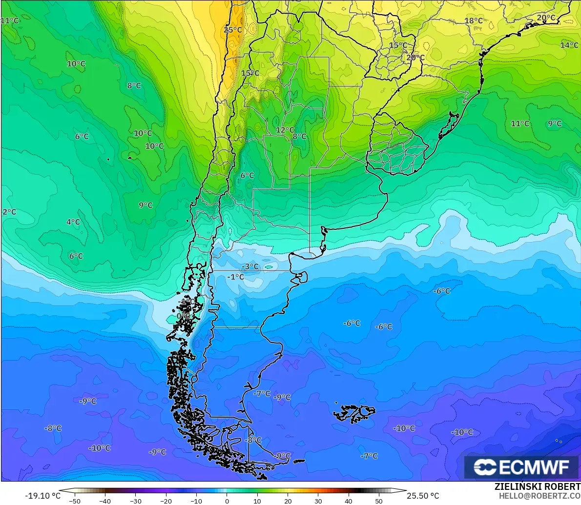 ECMWF IFS 0,25° modelo - Argentina, Temperatura a 850 hPa
