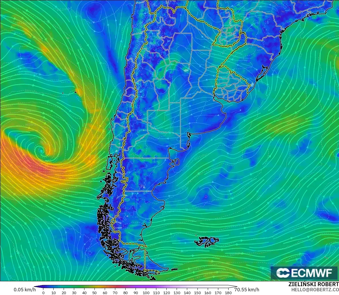 ECMWF IFS 0,25° modelo - Argentina, Vento a 10 m
