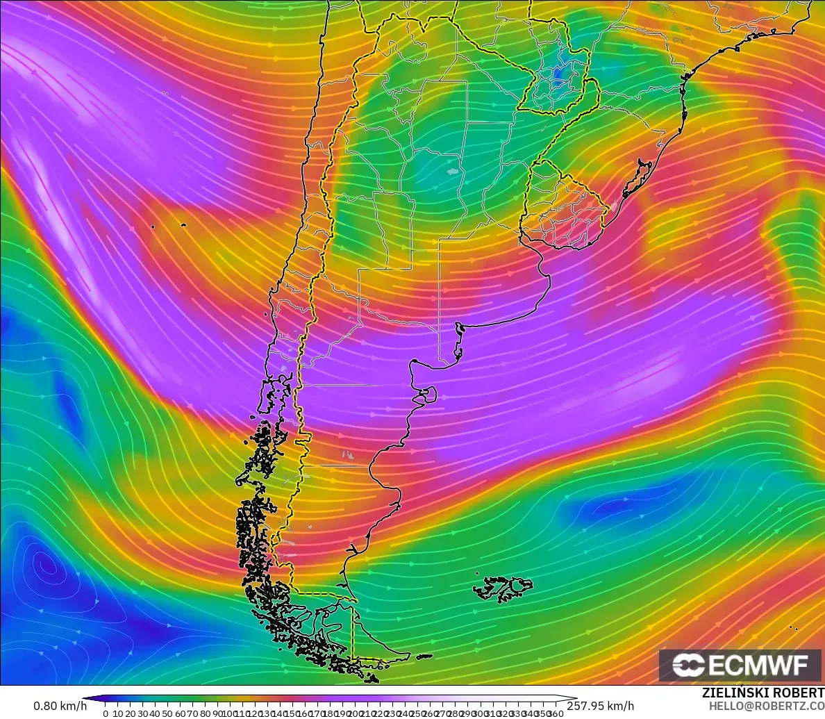 ECMWF IFS 0,25° modelo - Argentina, Vento a 300 hPa (corrente em jato)