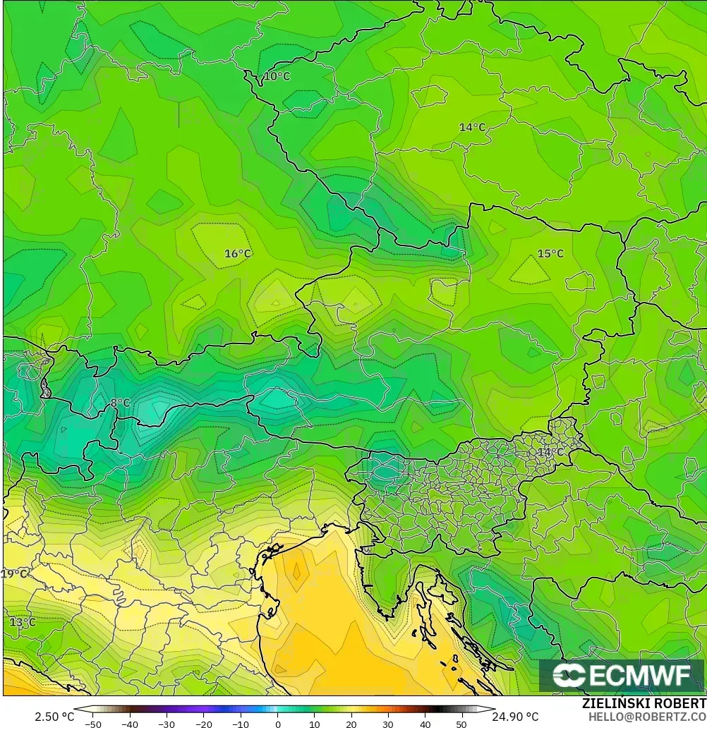 ECMWF IFS 0,25° modelo - Áustria, Ponto de orvalho a 2 m
