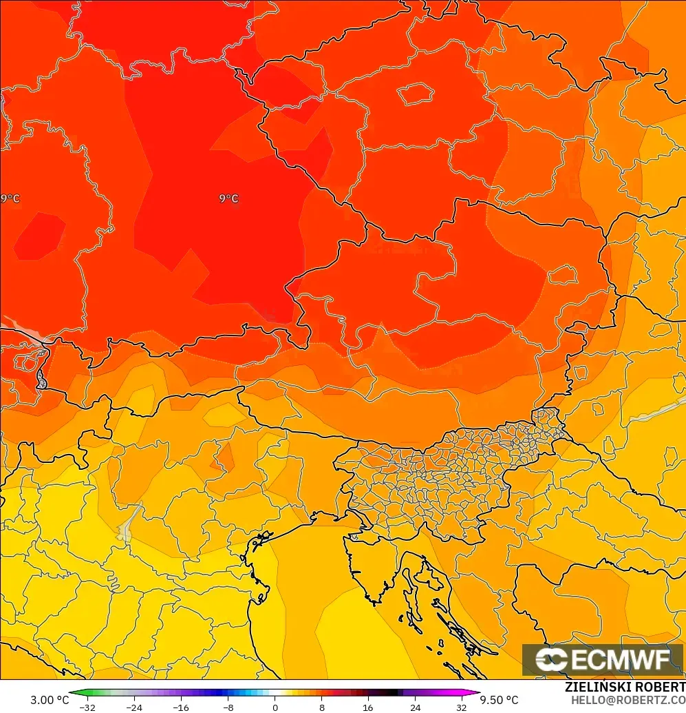 ECMWF IFS 0,25° modelo - Áustria, Anomalia de temperatura a 850 hPa