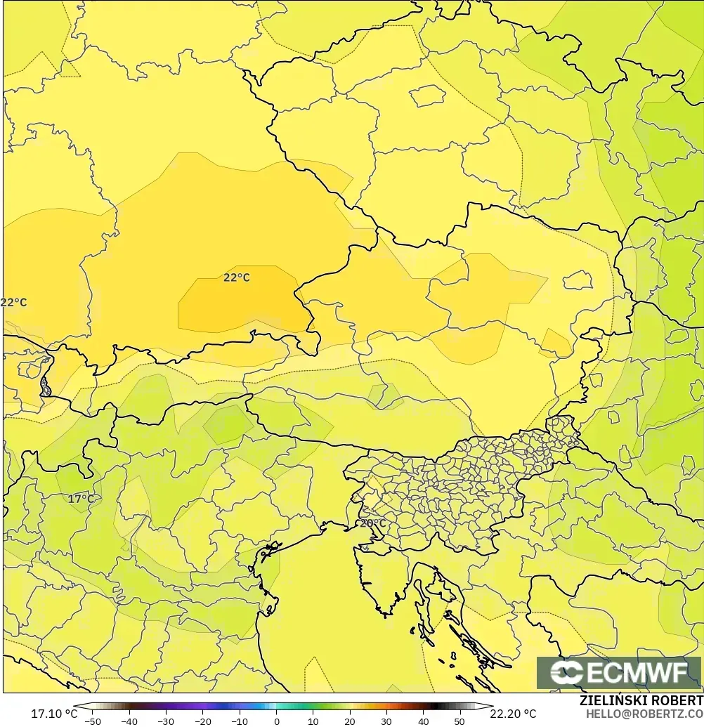 ECMWF IFS 0,25° modelo - Áustria, Temperatura a 850 hPa