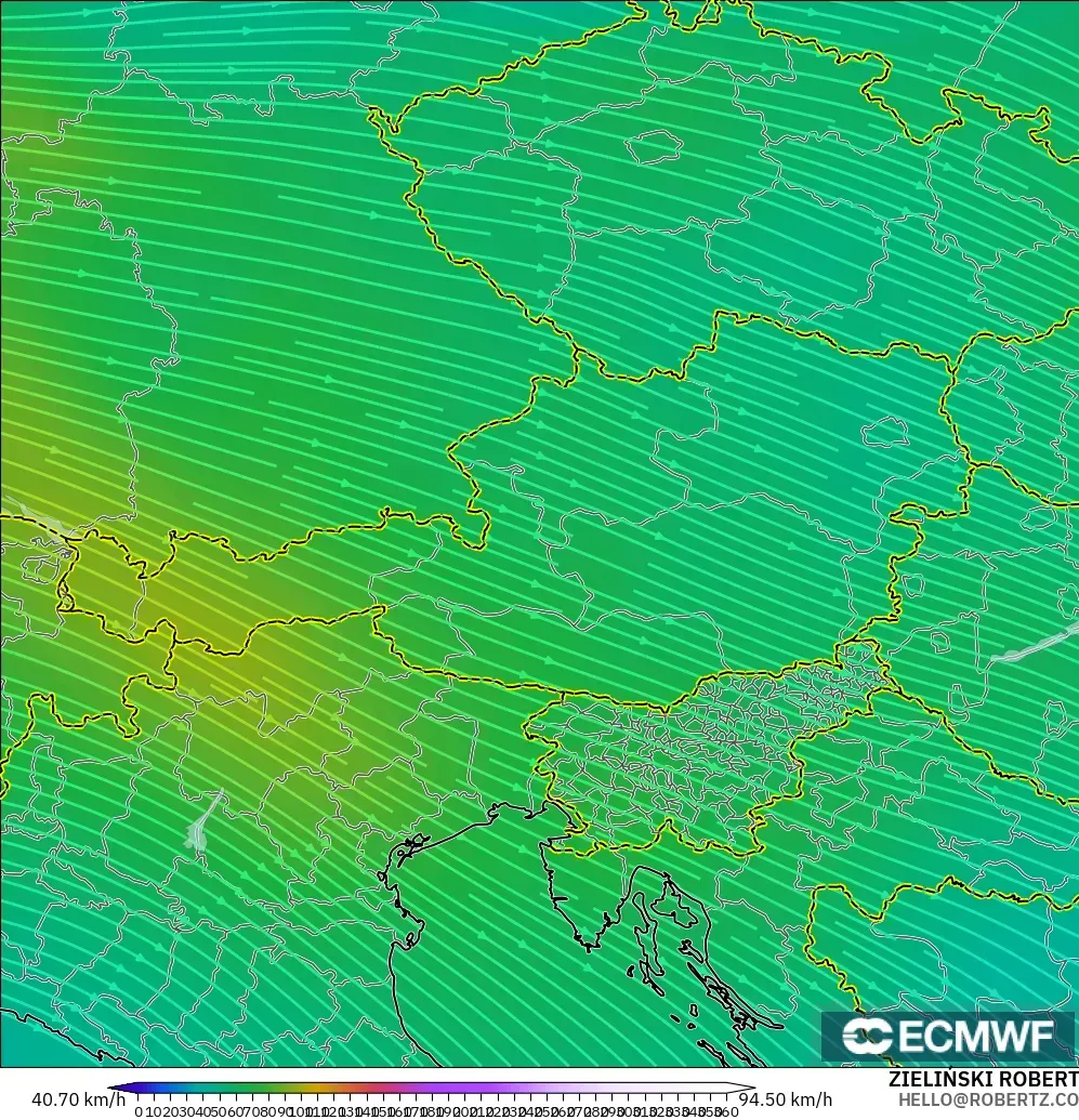 ECMWF IFS 0,25° modelo - Áustria, Vento a 300 hPa (corrente em jato)