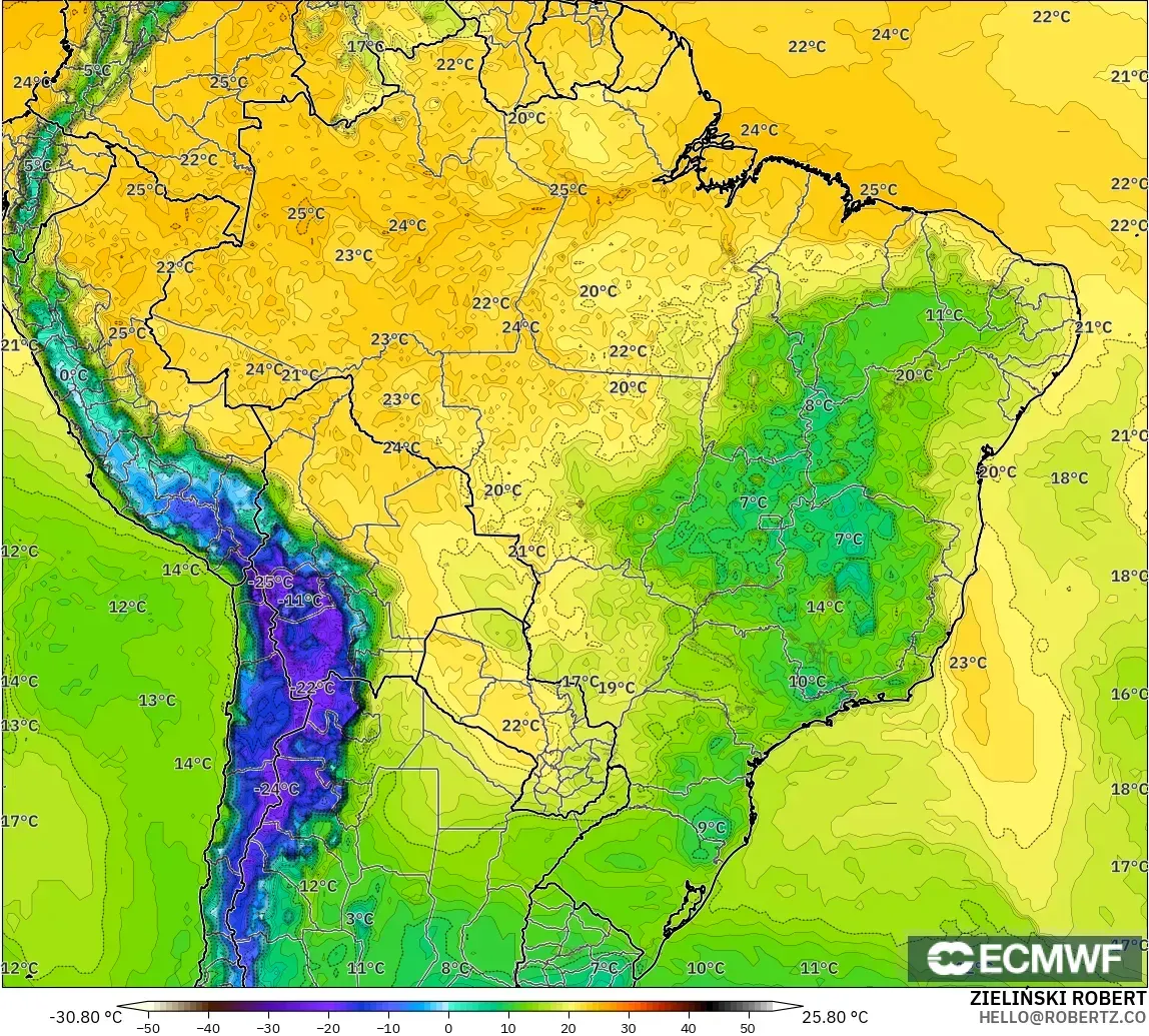 ECMWF IFS 0,25° modelo - Brasil, Ponto de orvalho a 2 m
