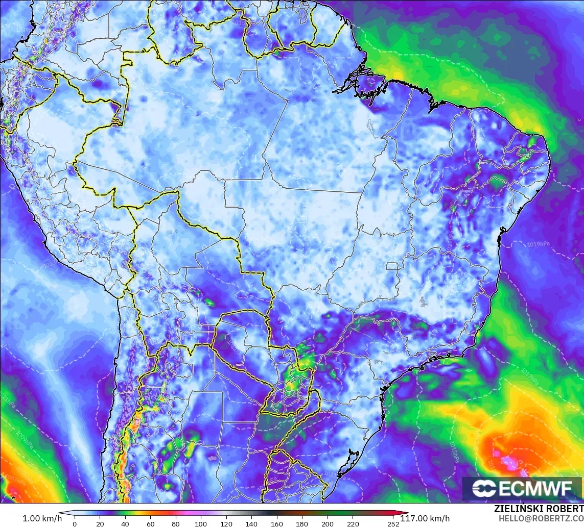 ECMWF IFS 0,25° modelo - Brasil, Rajadas de vento