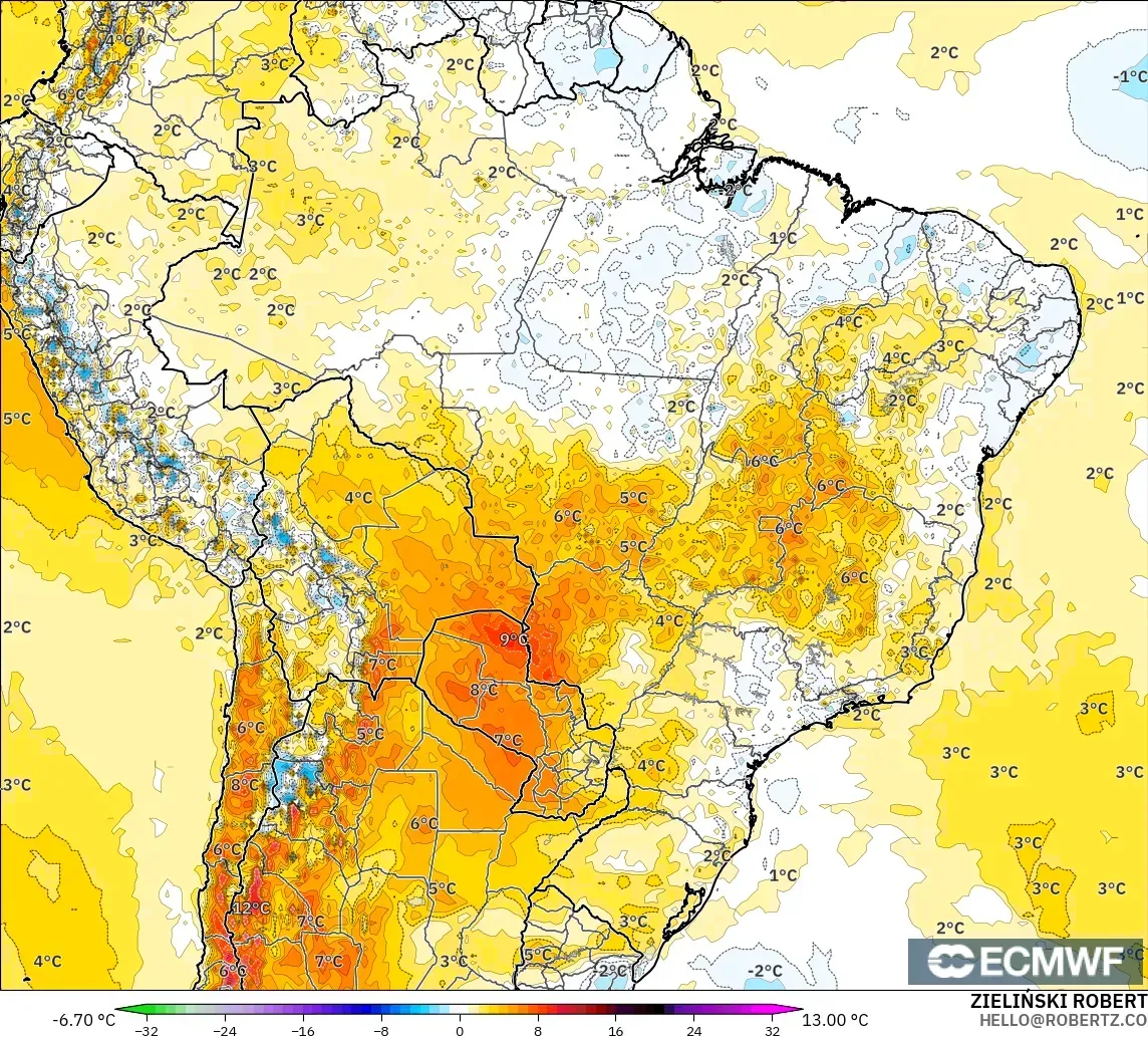 ECMWF IFS 0,25° modelo - Brasil, Anomalia de temperatura a 2 m