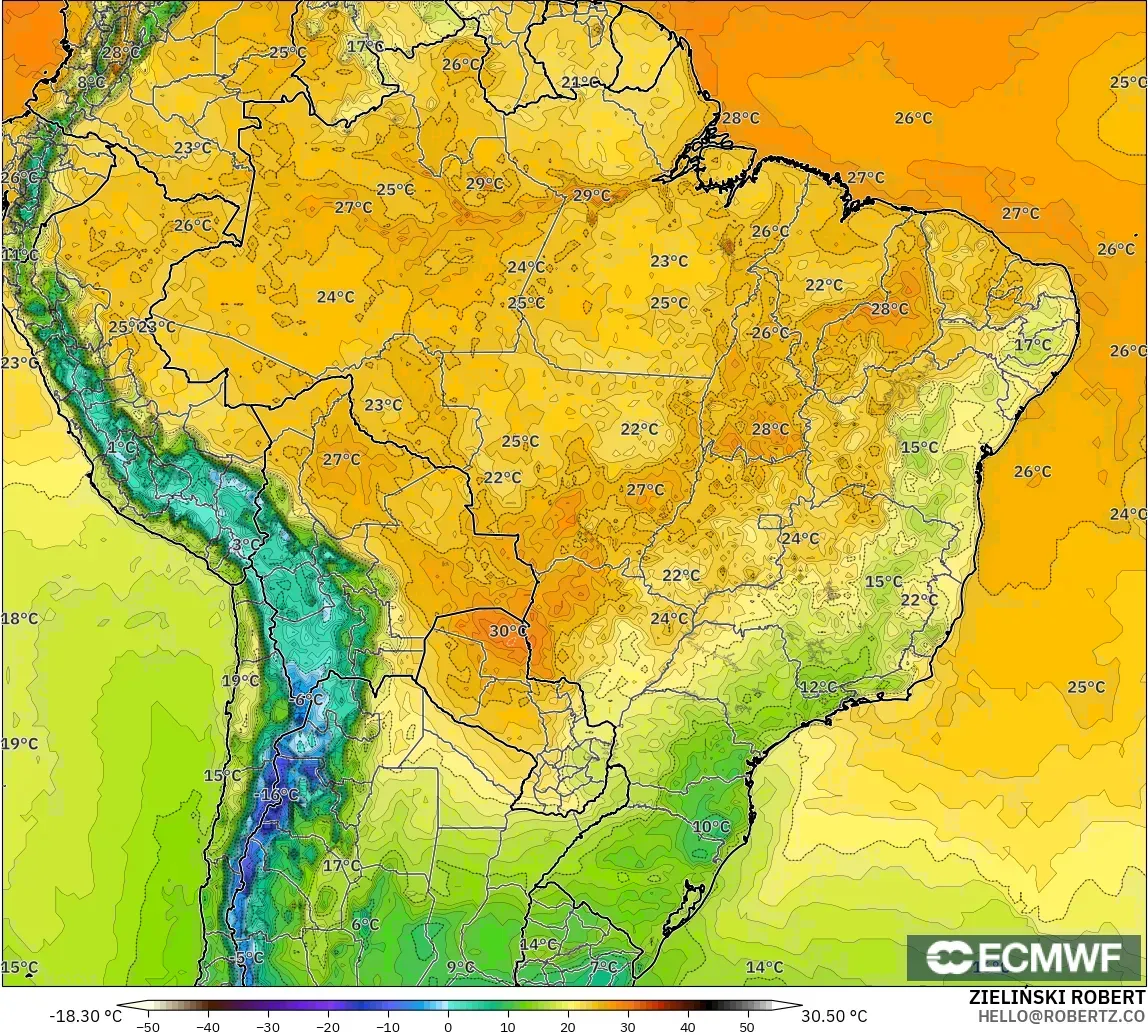 ECMWF IFS 0,25° modelo - Brasil, Temperatura a 2 m