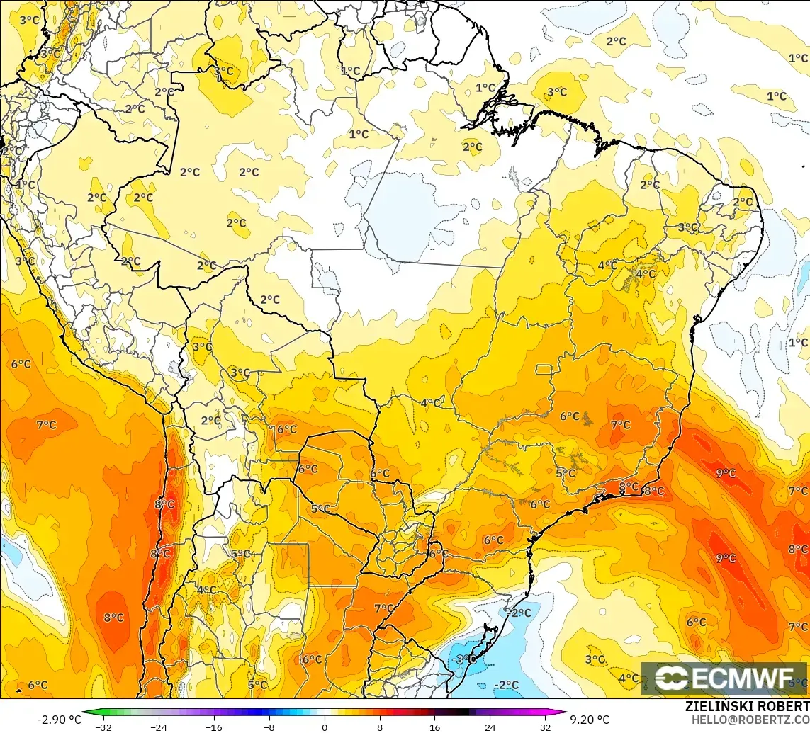 ECMWF IFS 0,25° modelo - Brasil, Anomalia de temperatura a 850 hPa