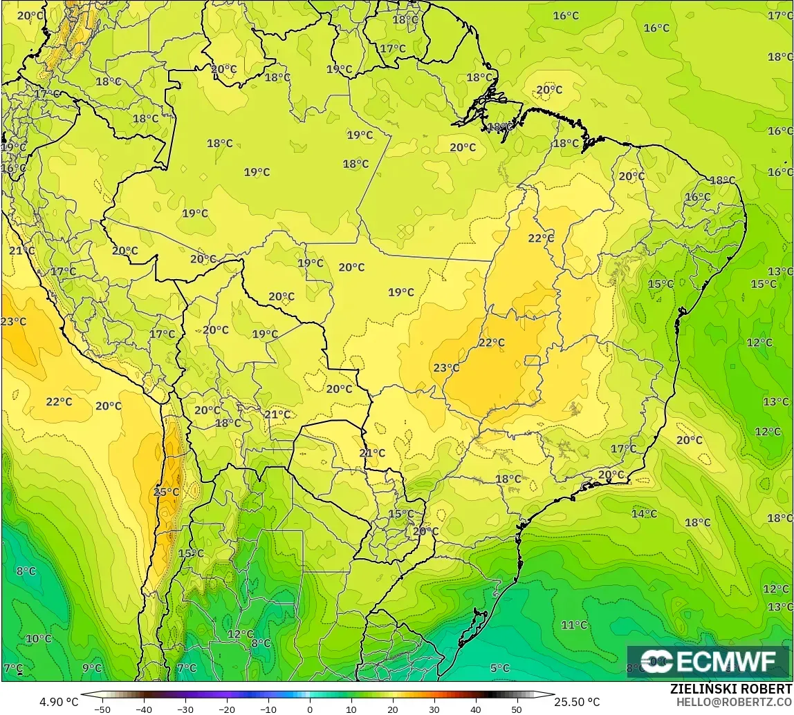 ECMWF IFS 0,25° modelo - Brasil, Temperatura a 850 hPa
