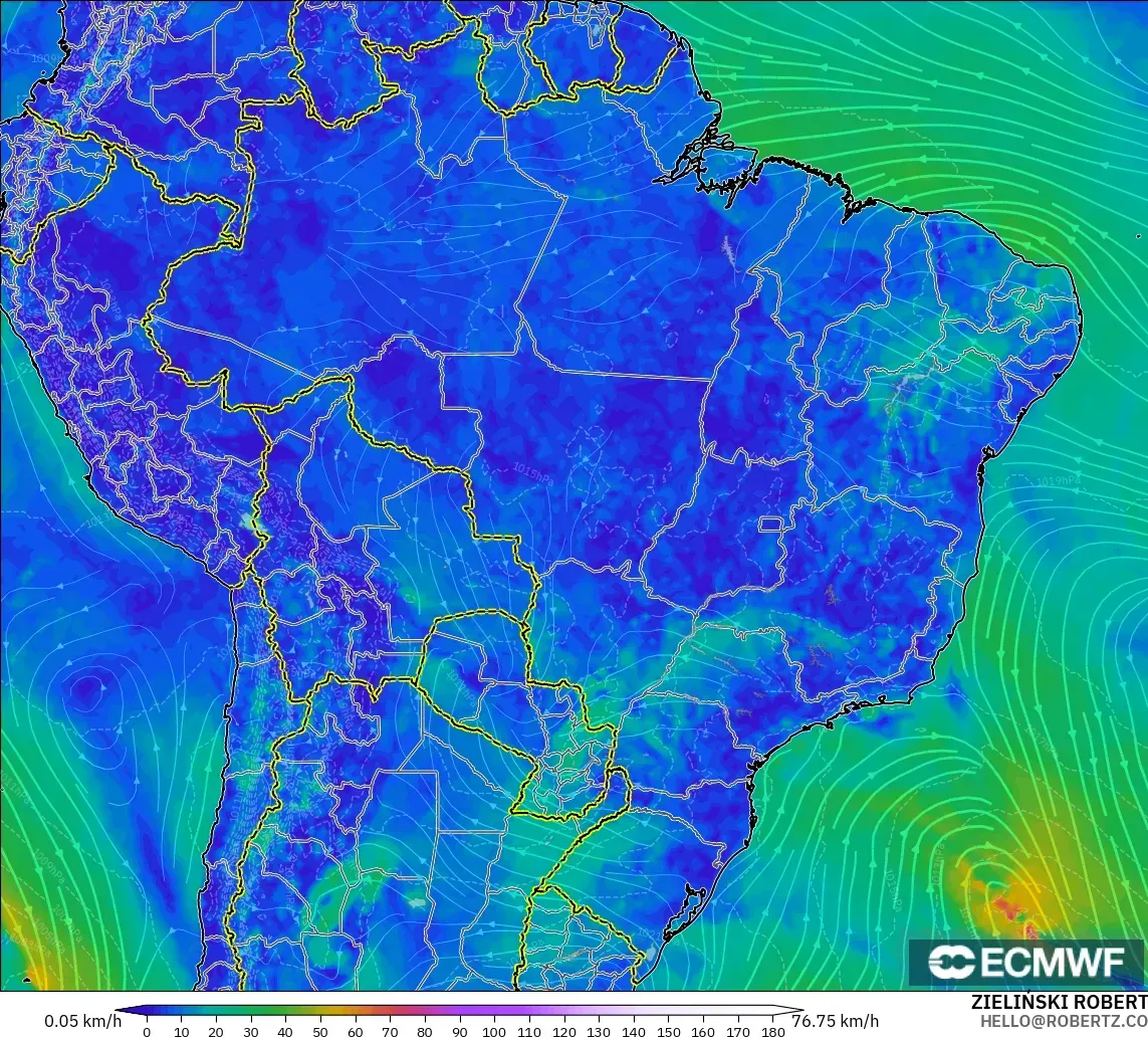 ECMWF IFS 0,25° modelo - Brasil, Vento a 10 m