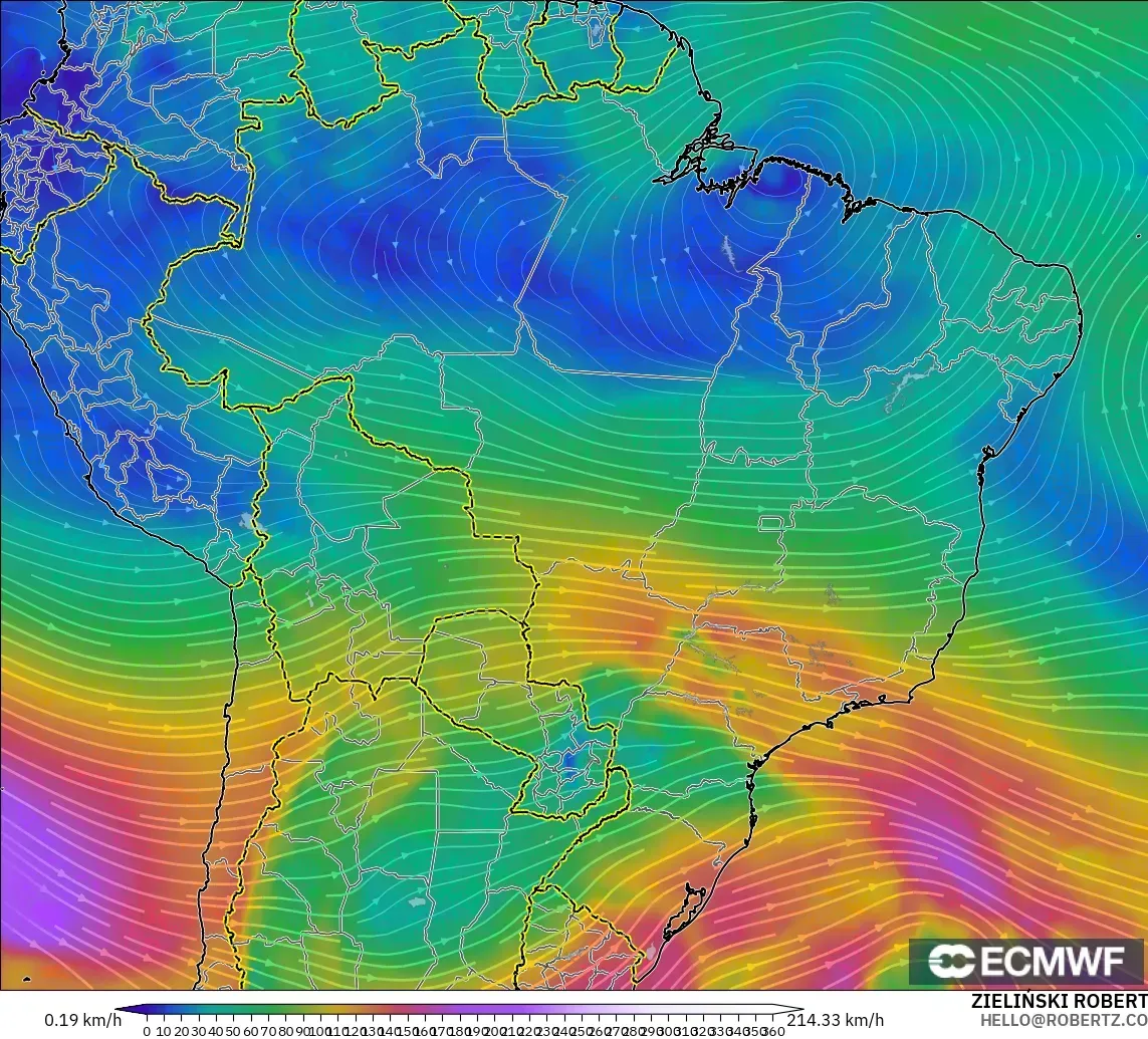 ECMWF IFS 0,25° modelo - Brasil, Vento a 300 hPa (corrente em jato)