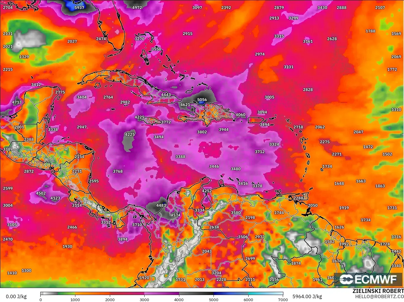 ECMWF IFS 0,25° modelo - Caribe, CAPE