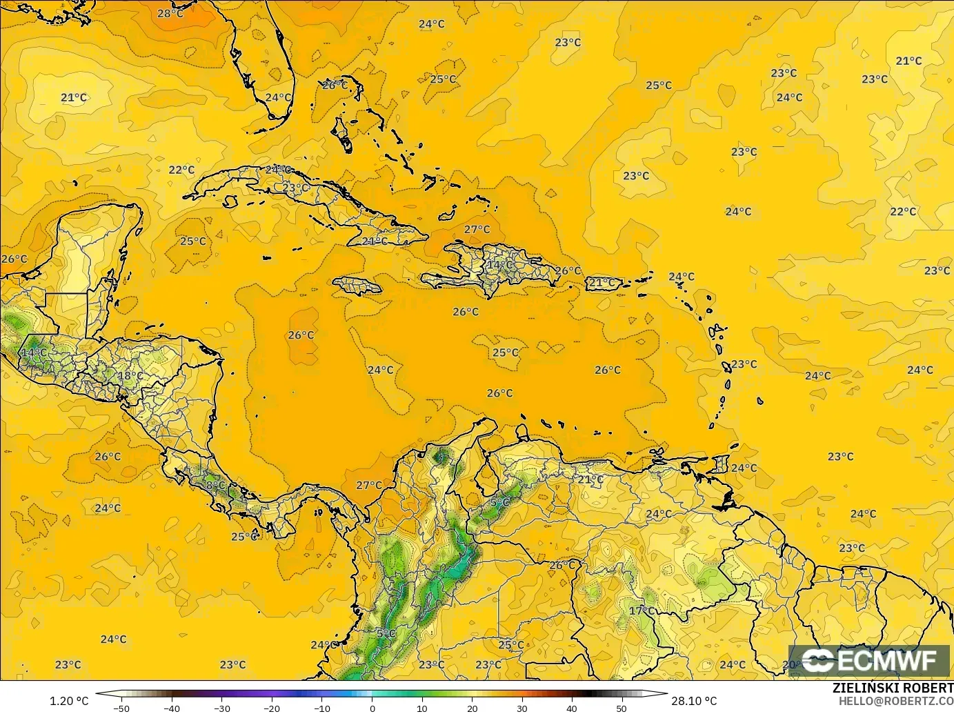ECMWF IFS 0,25° modelo - Caribe, Ponto de orvalho a 2 m