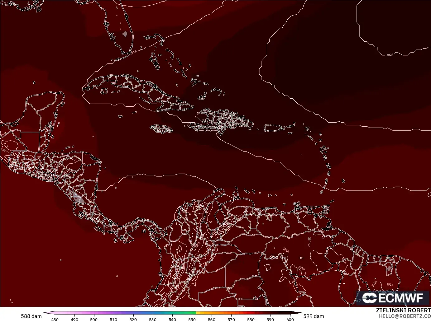 ECMWF IFS 0,25° modelo - Caribe, Altura geopotencial a 500 hPa
