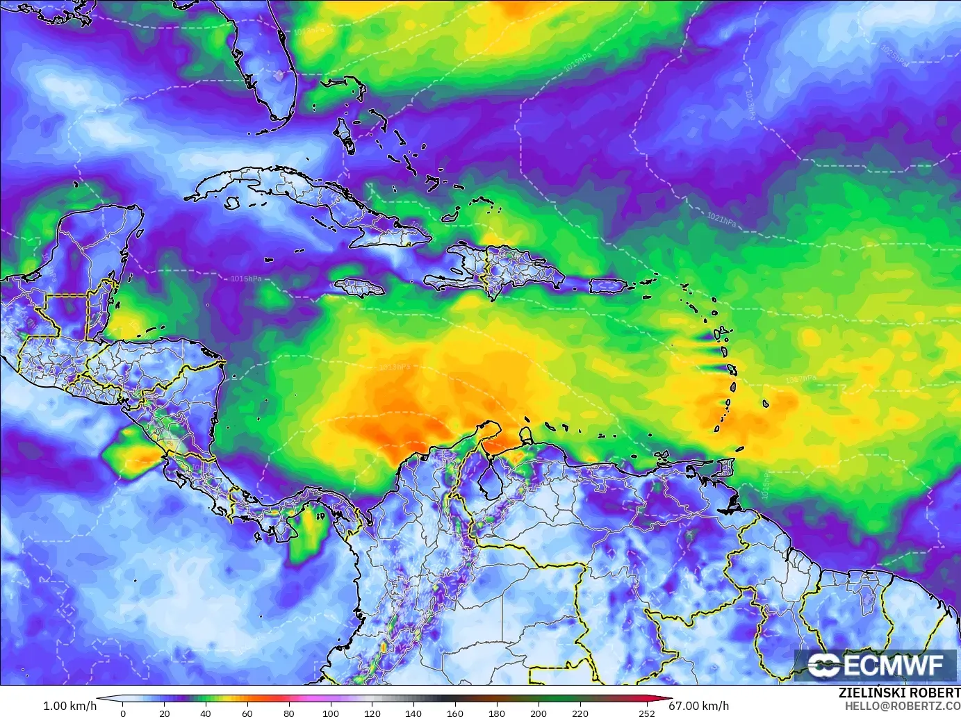 ECMWF IFS 0,25° modelo - Caribe, Rajadas de vento