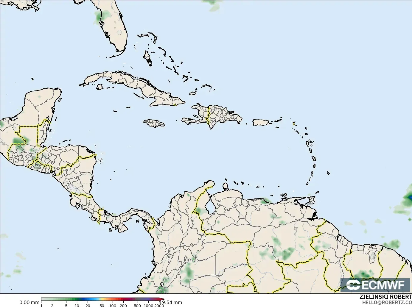 ECMWF IFS 0,25° modelo - Caribe, Acúmulo de precipitação