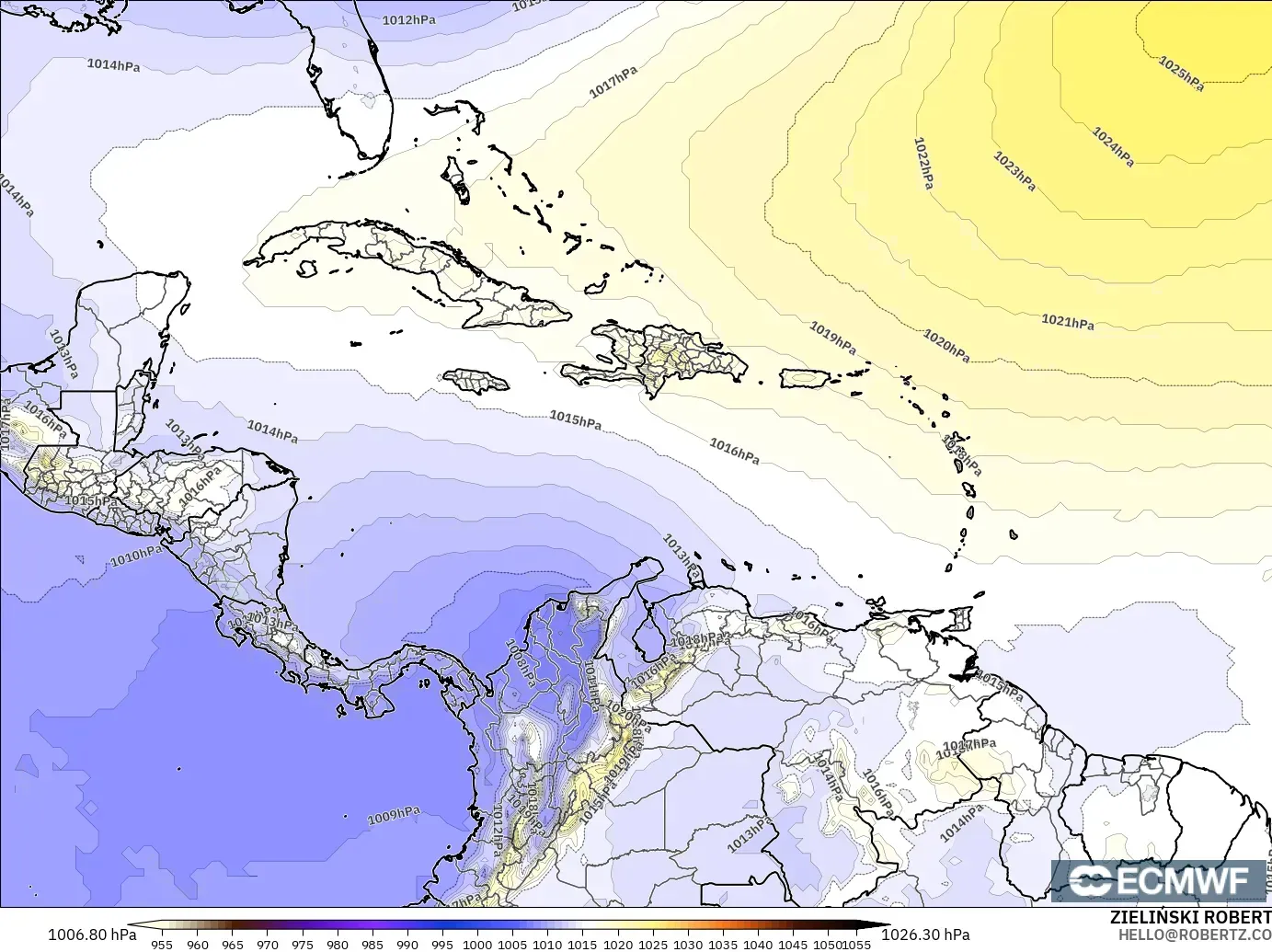 ECMWF IFS 0,25° modelo - Caribe, Pressão