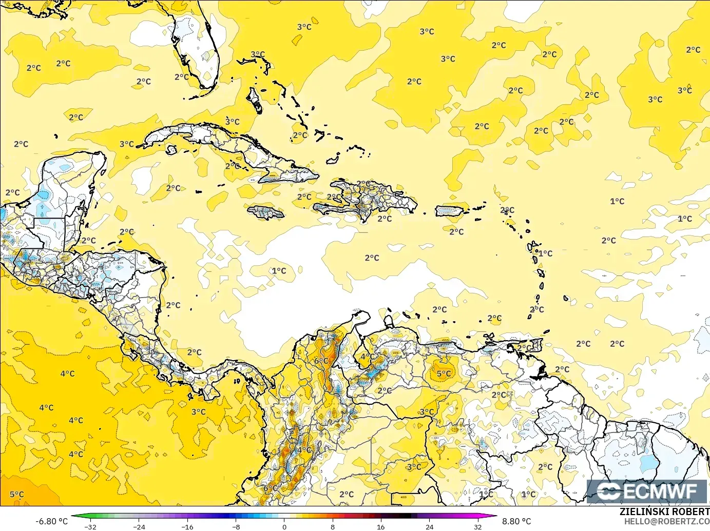 ECMWF IFS 0,25° modelo - Caribe, Anomalia de temperatura a 2 m