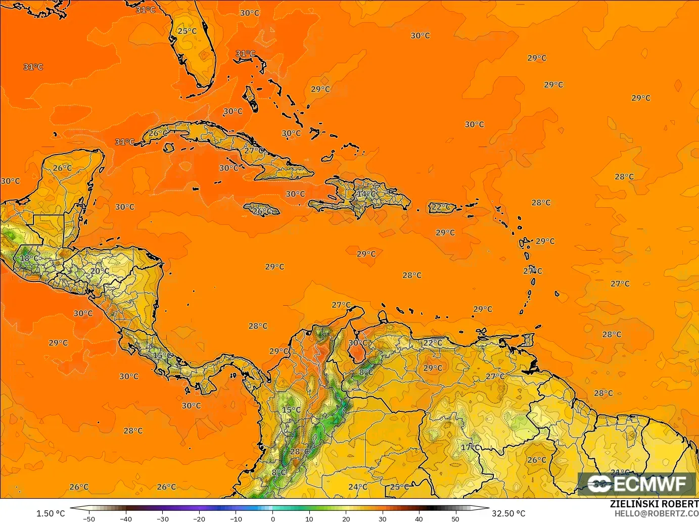 ECMWF IFS 0,25° modelo - Caribe, Temperatura a 2 m