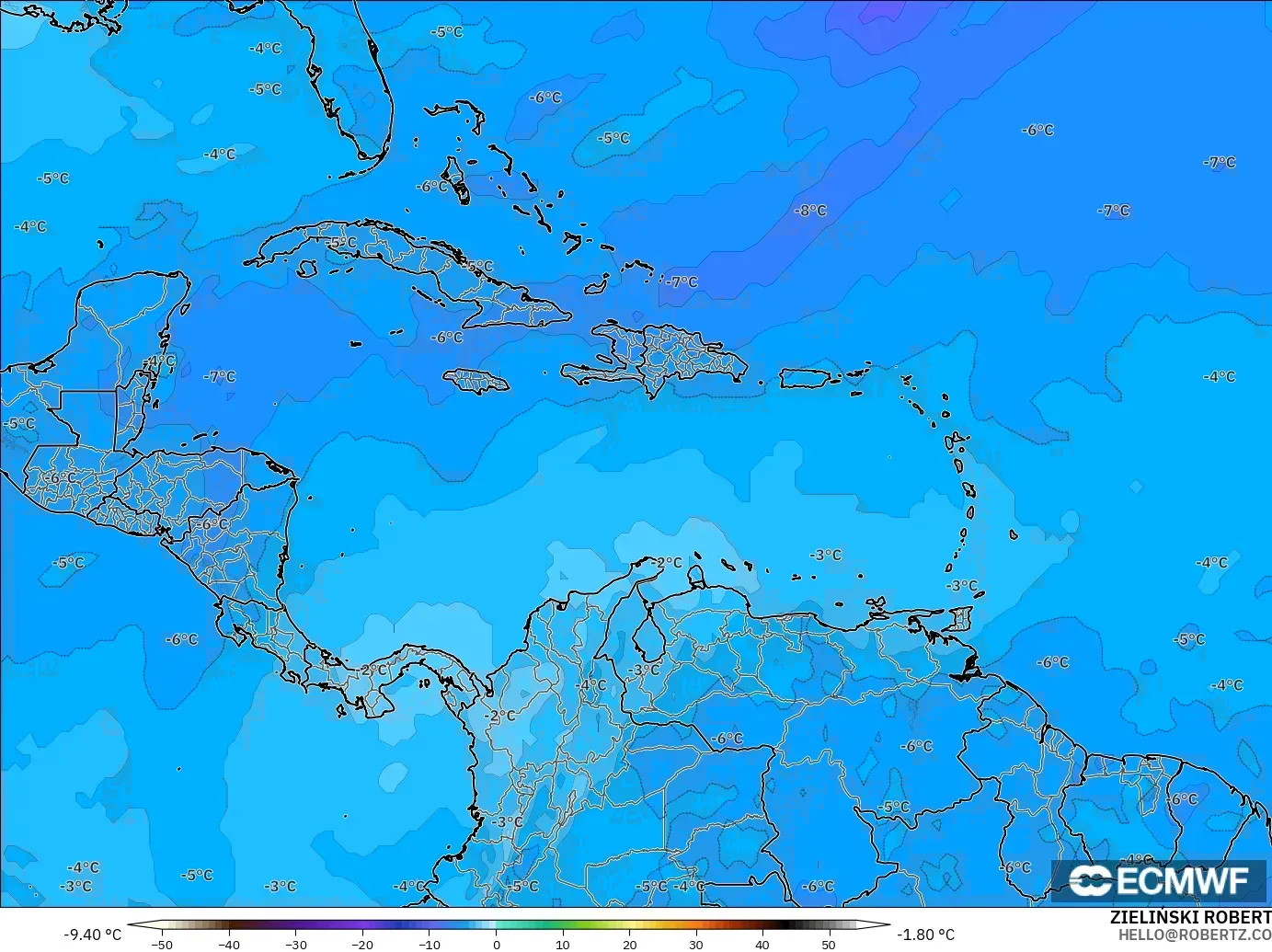 ECMWF IFS 0,25° modelo - Caribe, Temperatura a 500 hPa