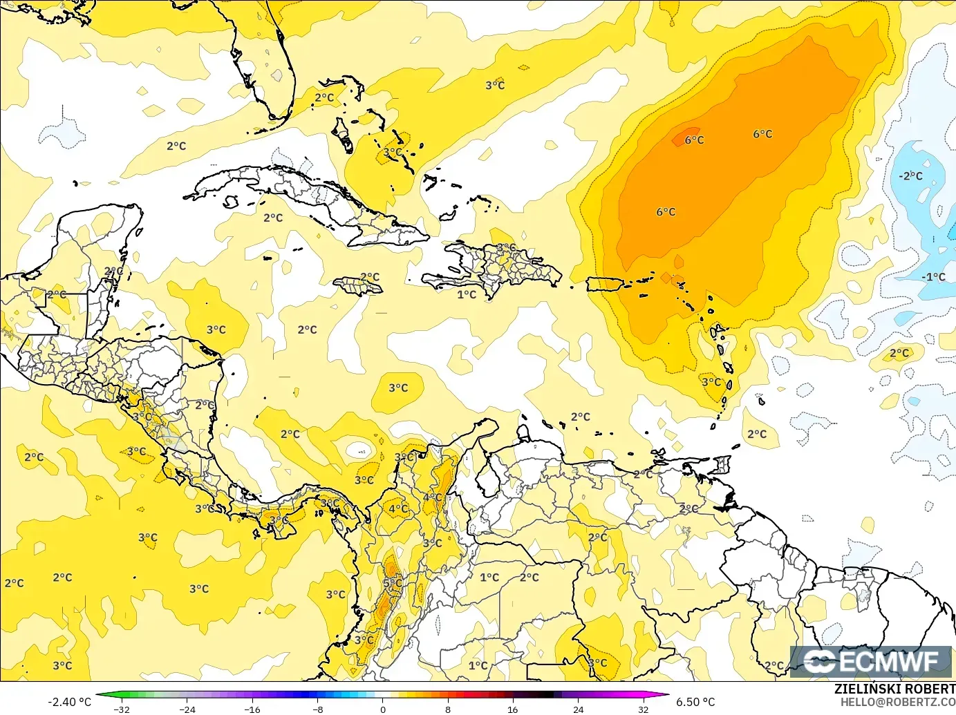 ECMWF IFS 0,25° modelo - Caribe, Anomalia de temperatura a 850 hPa