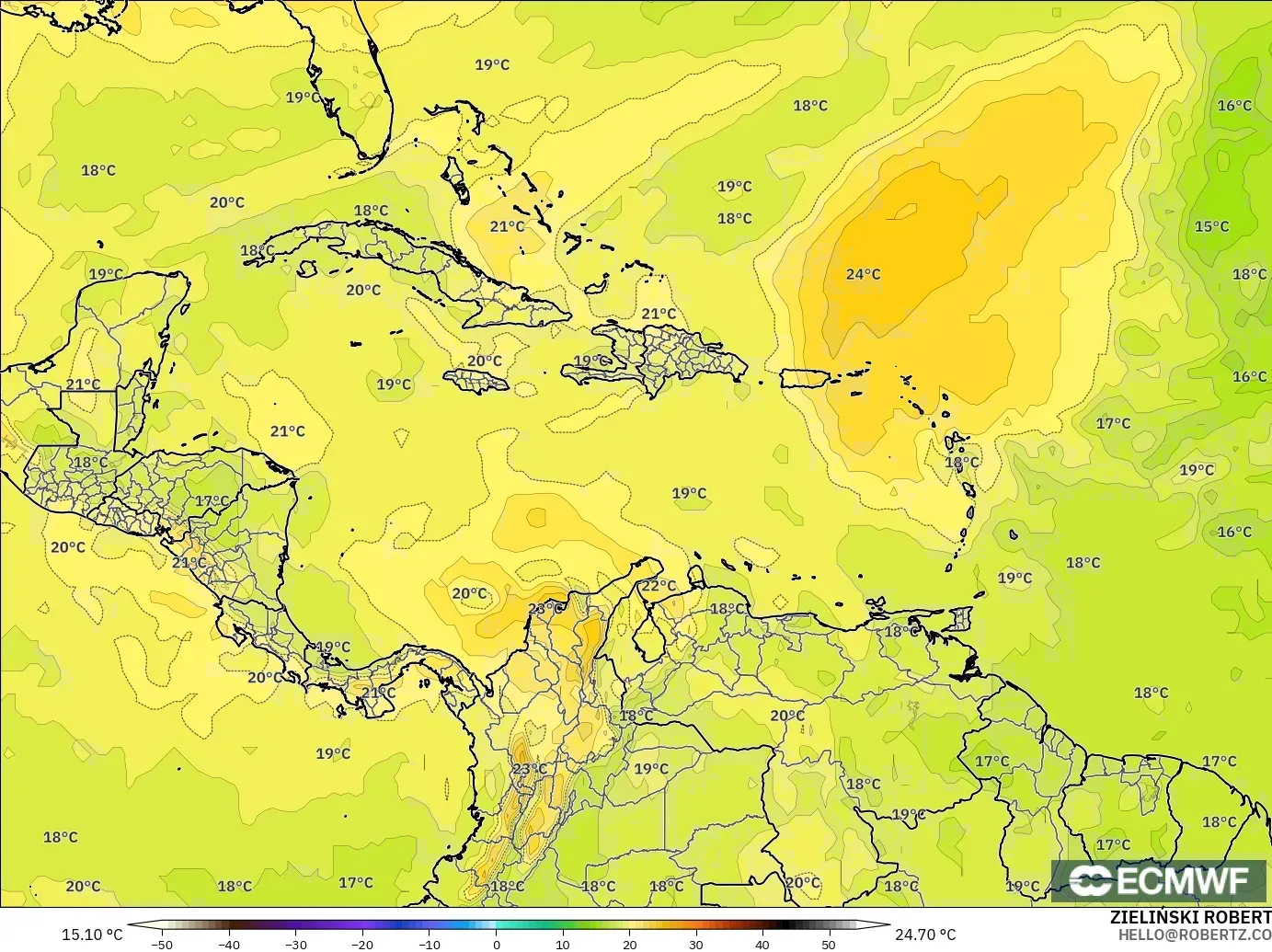 ECMWF IFS 0,25° modelo - Caribe, Temperatura a 850 hPa
