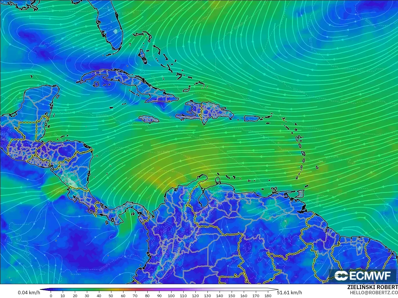 ECMWF IFS 0,25° modelo - Caribe, Vento a 10 m