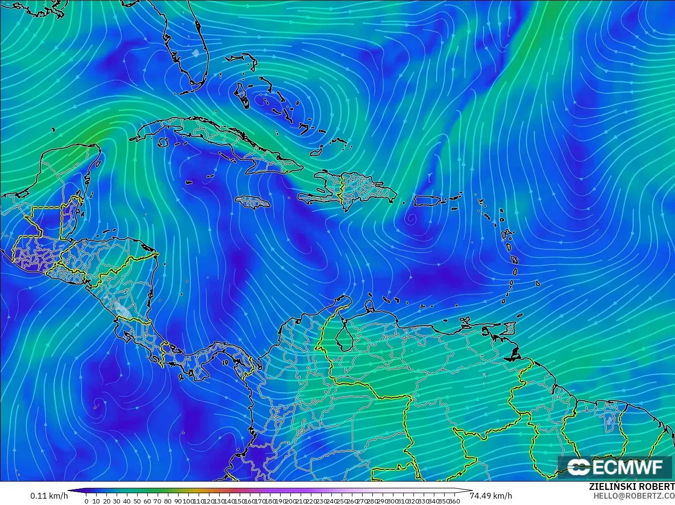 ECMWF IFS 0,25° modelo - Caribe, Vento a 300 hPa (corrente em jato)