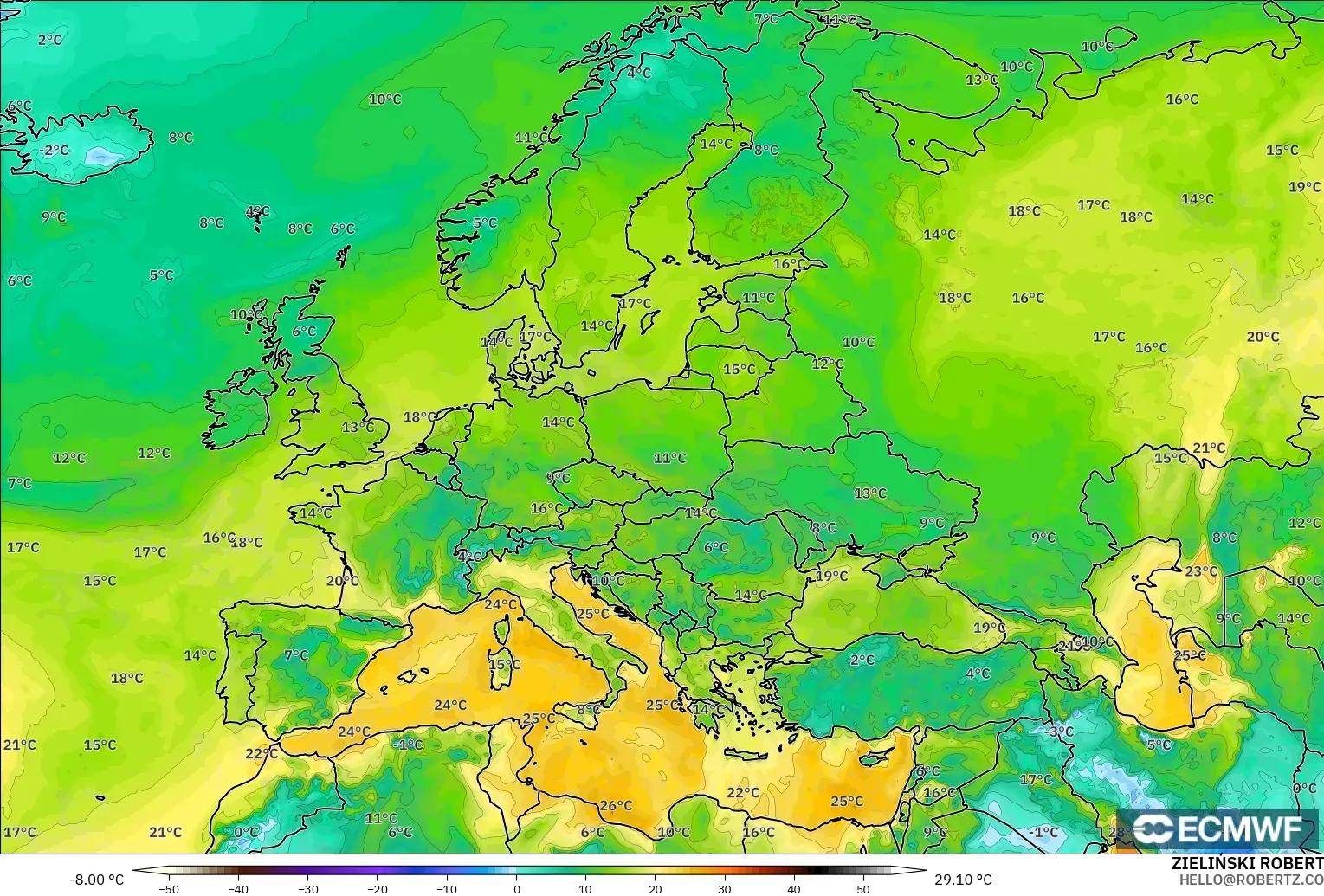 ECMWF IFS 0,25° modelo - Europa, Ponto de orvalho a 2 m
