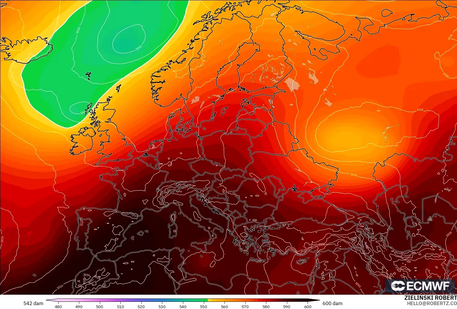 ECMWF IFS 0,25° modelo - Europa, Altura geopotencial a 500 hPa