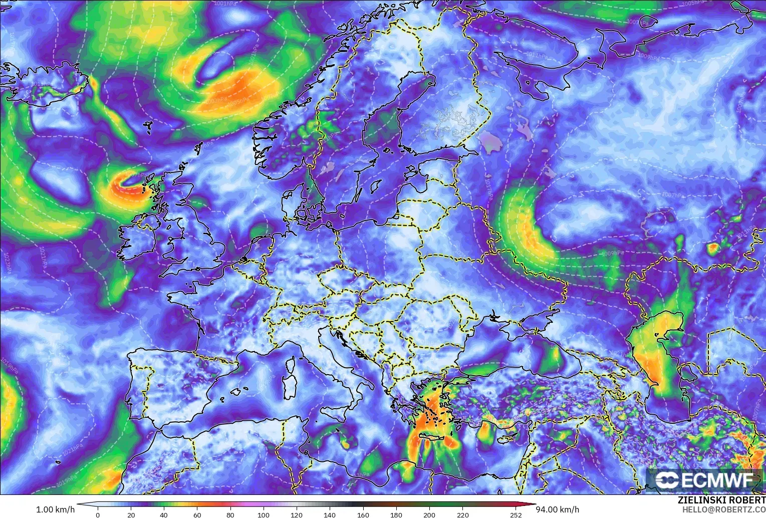 ECMWF IFS 0,25° modelo - Europa, Rajadas de vento