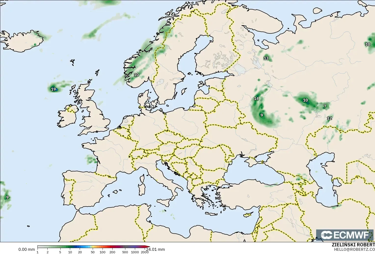 ECMWF IFS 0,25° modelo - Europa, Acúmulo de precipitação