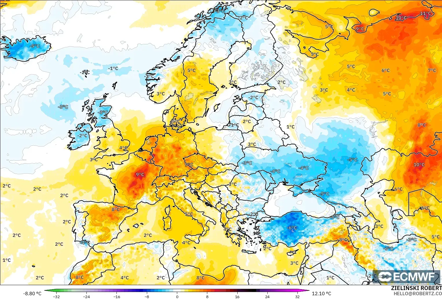 ECMWF IFS 0,25° modelo - Europa, Anomalia de temperatura a 2 m