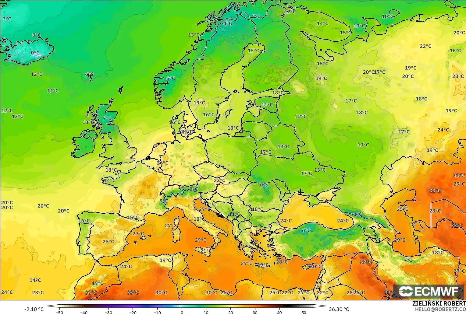 ECMWF IFS 0,25° modelo - Europa, Temperatura a 2 m